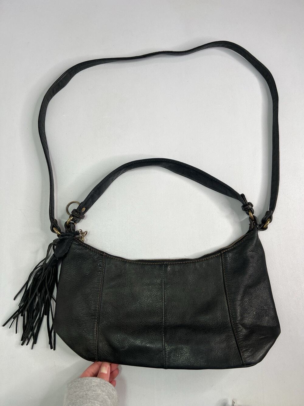 Vintage HOBO Black Leather Slouchy Shoulder Bag Handbag Tassel